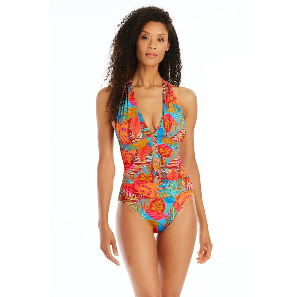 🆕 Bleu Rod Beattie The Heat Is On Halter One Piece Swimsuit Tropical Print 6 - Picture 1 of 5